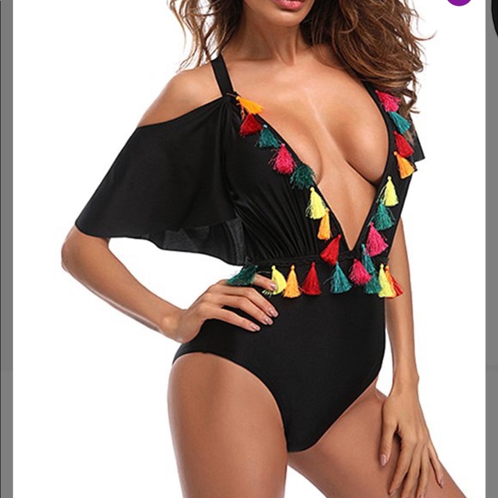 Black tassel deep v one piece bathing suit - Picture 3 of 4